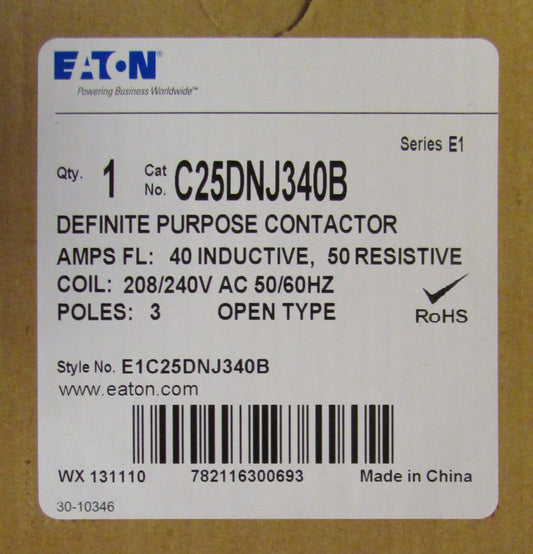 EATON C25DNJ340B 3 Pole 40 Amp 208 240 VAC Definite Purpose Contactor C25DNJ340 