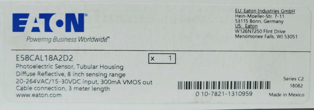 EATON CUTLER HAMMER E58CAL18A2D2 Photoelectric Sensor 20-264 VAC 15-30 VDC 3 Met