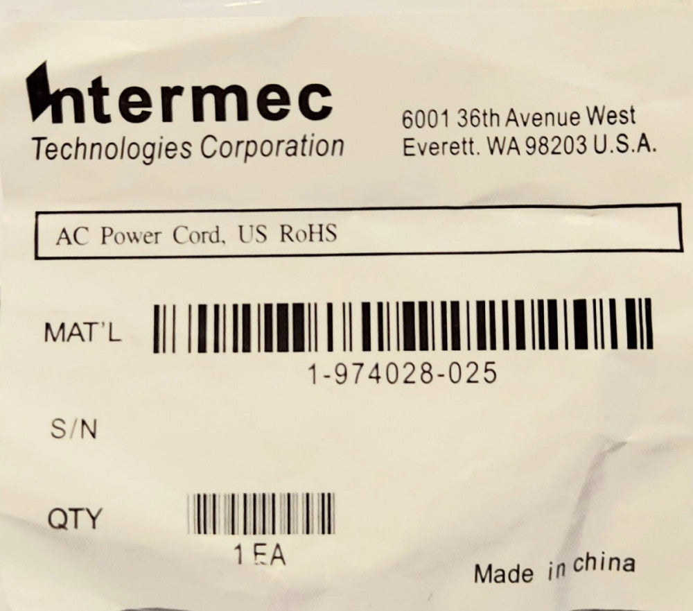 INTERMEC 1 974028 025 AC Power Cord 10 AMP 125 VAC