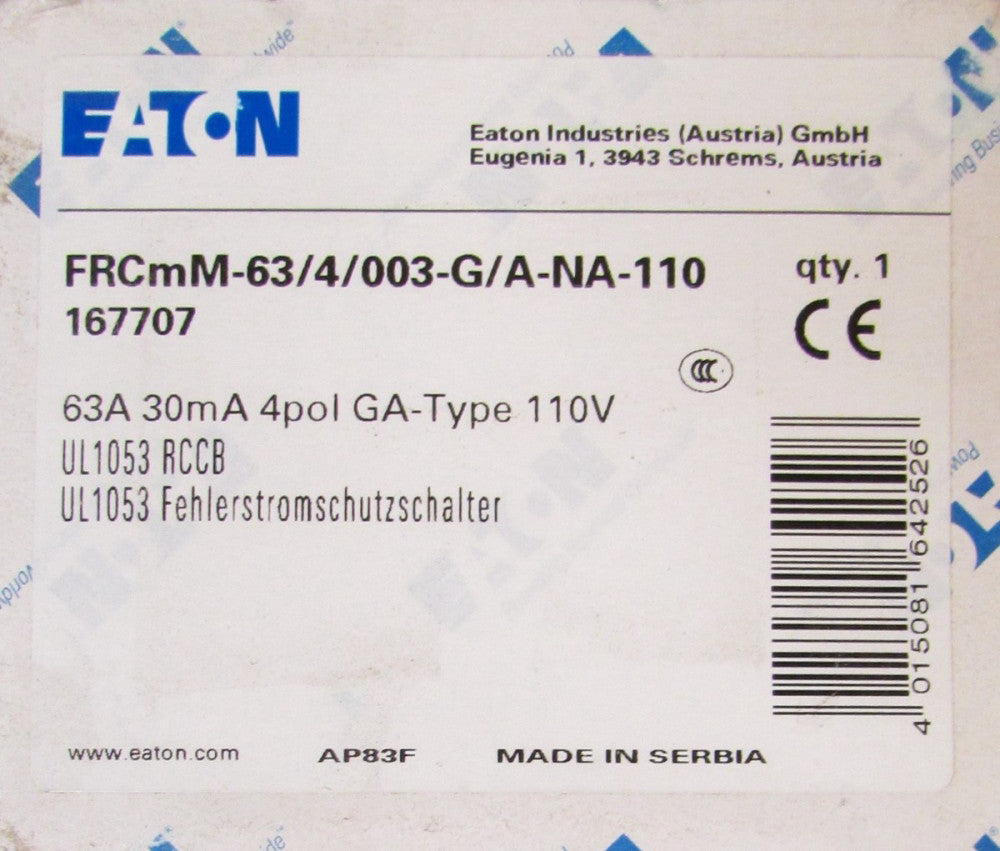 EATON FRCmM 63 4 003 G A NA 110 4 Pole 63 Amp 110V Circuit Breaker