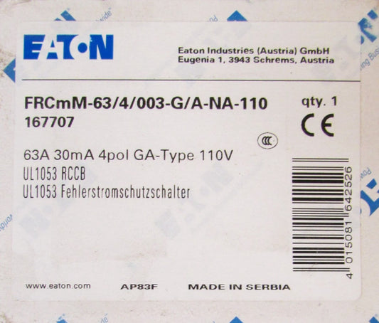 EATON FRCmM 63 4 003 G A NA 110 4 Pole 63 Amp 110V Circuit Breaker