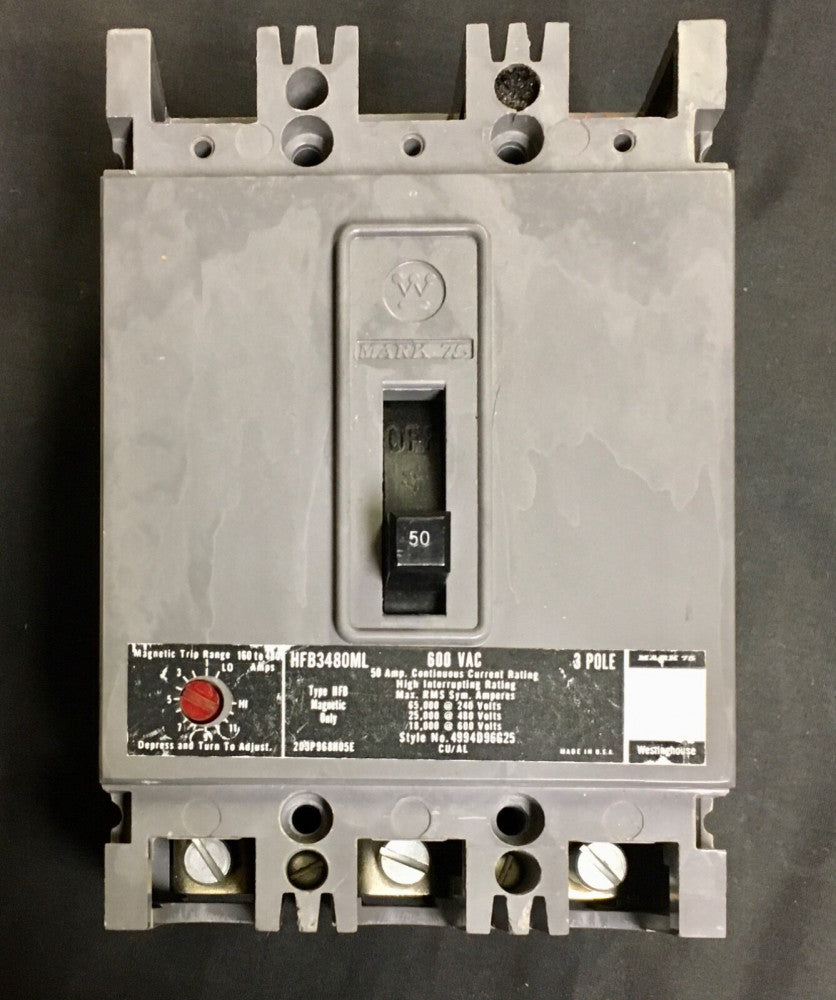 WESTINGHOUSE CUTLER HAMMER HFB3480ML 3 Pole 50 AMP 160-480 Trip Circuit Breaker