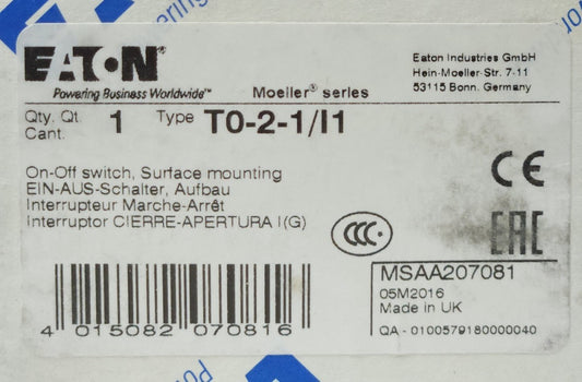 EATON MOELLER T0-2-1/I1 ON OFF Selector Switch 2 Position Maintained T0 2 1 I1