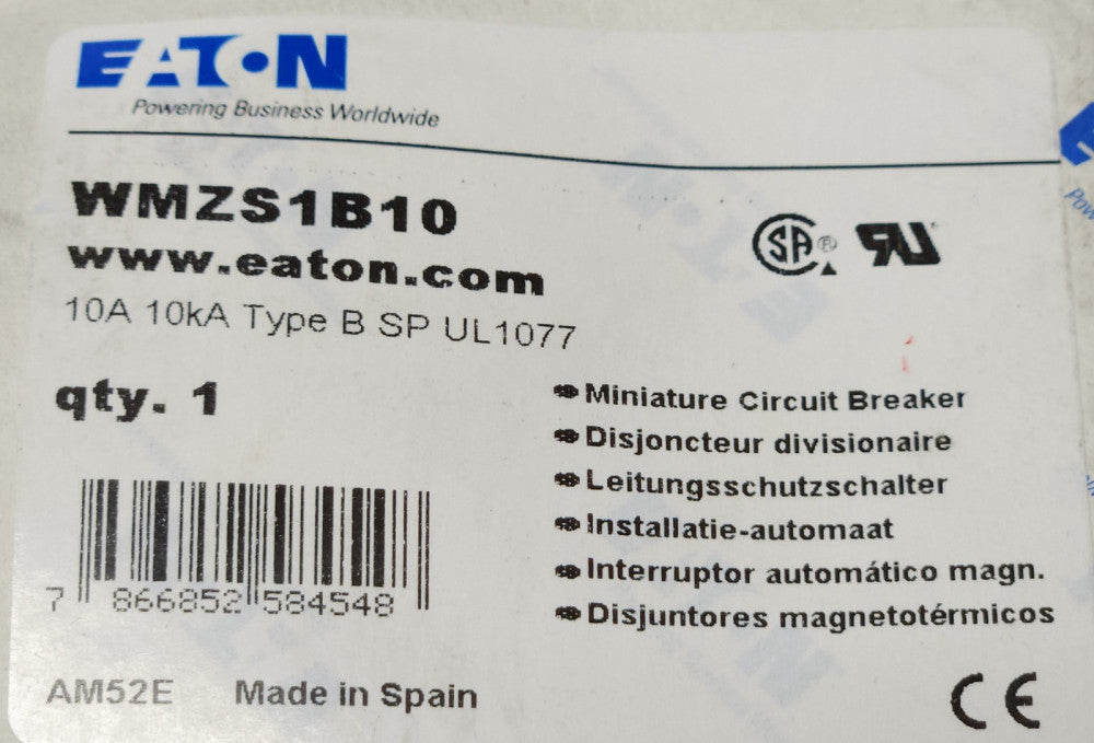 EATON WMZS1B10 Single Pole 10 AMP Type B SP Miniature Circuit Breaker