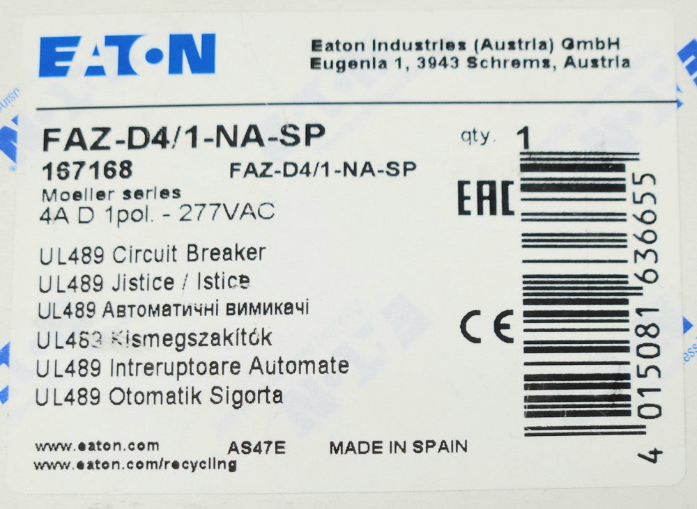 EATON MOELLER FAZ-D4/1-NA-SP Single Pole 4 AMP Circuit Breaker FAZ D4 1 NA SP