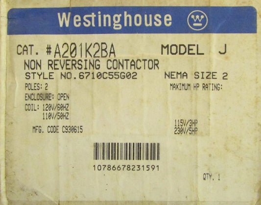 WESTINGHOUSE A200 Size 2 Contactor 2 Pole 110/120V A201K2BA