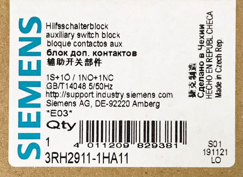 SIEMENS 3RH2911 1HA11 Top Mount Auxiliary Contact Block 1NO 1NC 3RH2911-1HA11