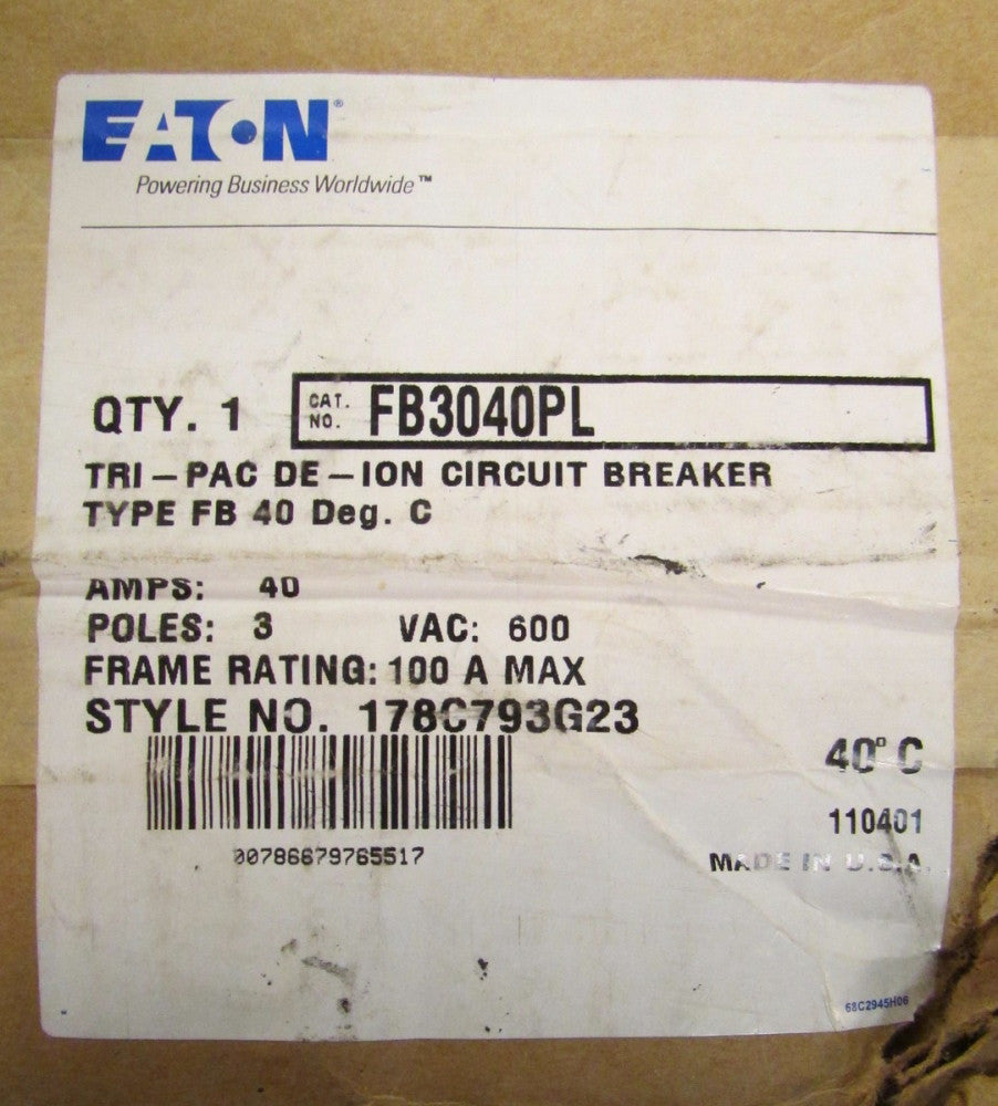 EATON CUTLER HAMMER Type FB TRI PAC Circuit Breaker 3 Pole 40 Amp FB3040PL