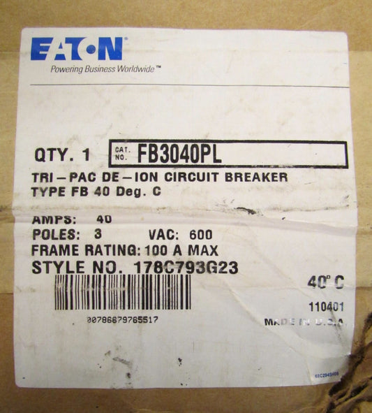 EATON CUTLER HAMMER Type FB TRI PAC Circuit Breaker 3 Pole 40 Amp FB3040PL