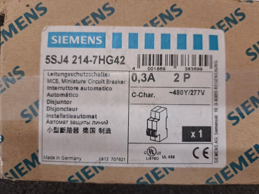 New, Siemens, 5SJ4214-7HG42, MCB 5SJ4 2P 480/277 0.3A 10K C-T
