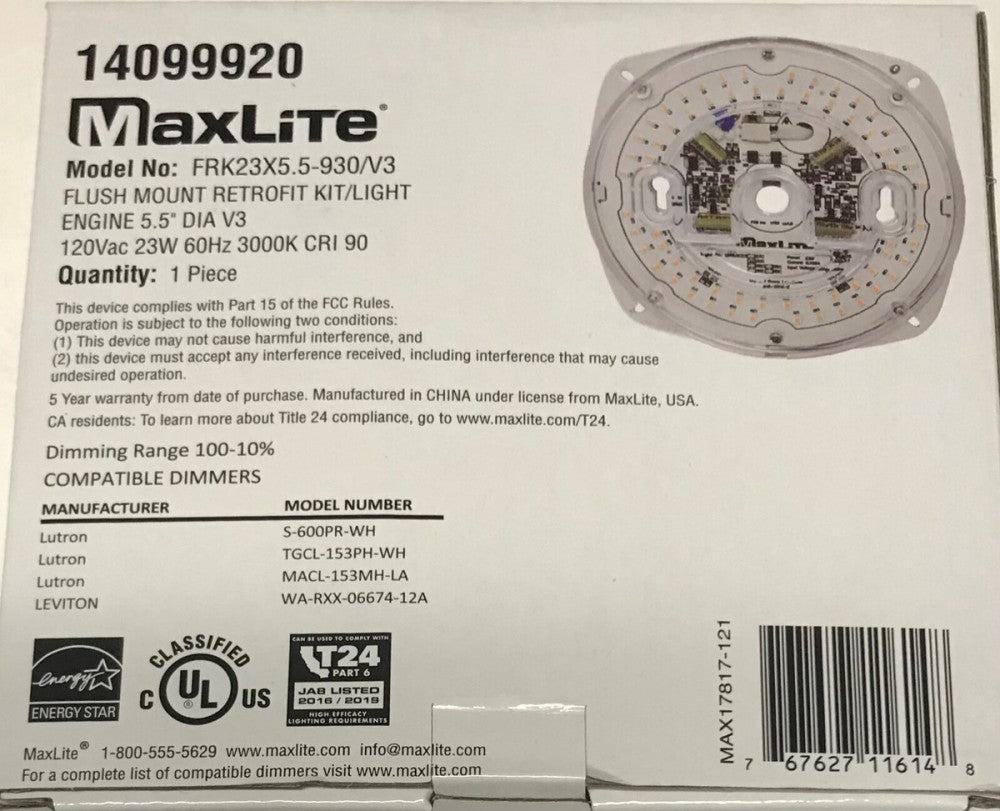 MAXLITE 14099920 Model FRK23X5.5 930 V3 Flush Mount Retrofit Light Kit 120 VAC 