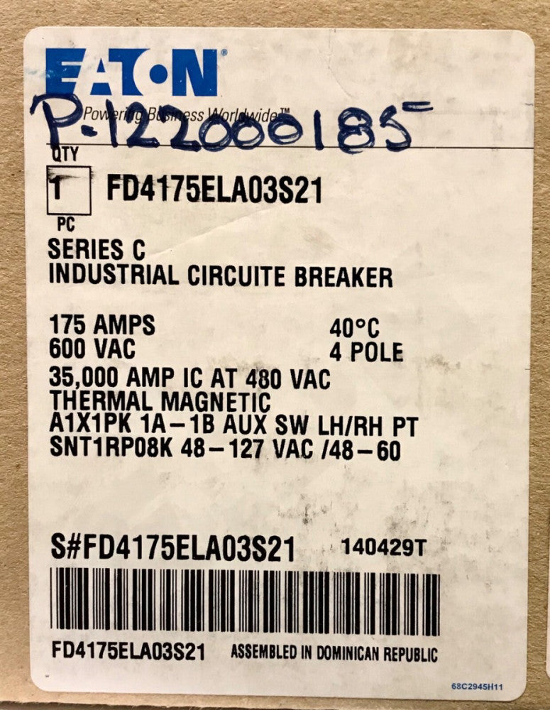 EATON FD417SELA03S21 4 Pole 175 AMP Type FD Circuit Breaker 48-127 VAC Shunt 1A
