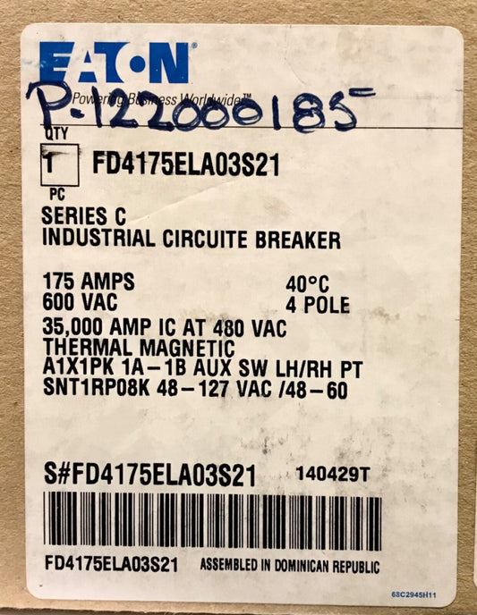 EATON FD417SELA03S21 4 Pole 175 AMP Type FD Circuit Breaker 48-127 VAC Shunt 1A
