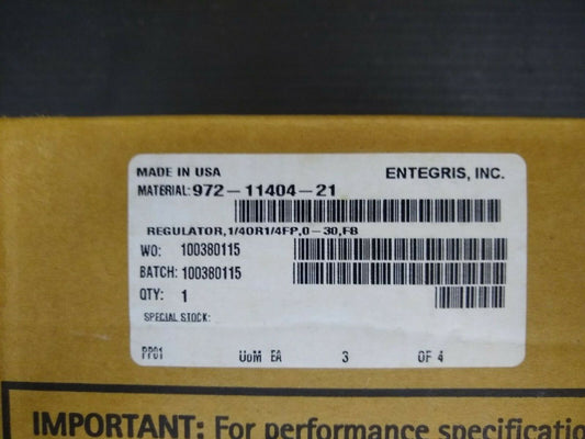 New, Entergris, 972-11404-21,  REGULATOR, PRESSURE, MANUAL,1/4" ORIFICE, 1/4" FN