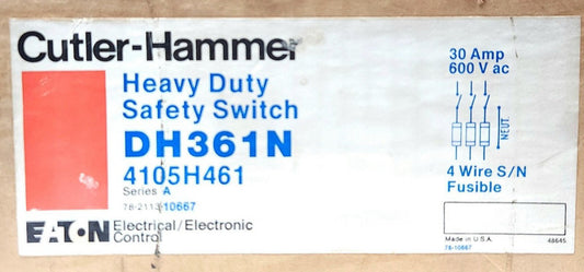 EATON CUTLER HAMMER DH361N Heavy Duty Safety Switch 30 AMP 600 VAC 4 Wire