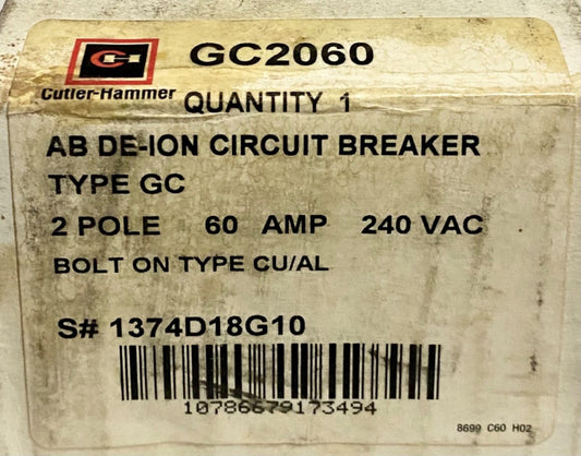 EATON CUTLER HAMMER GC2060 2 Pole 60 AMP Type GC Circuit Breaker 240 VAC