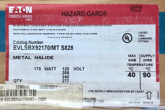 EATON CROUSE HINDS EVLSBX92170 MT S828 175 Watt 120-277 VAC HAZARD GARD Metal