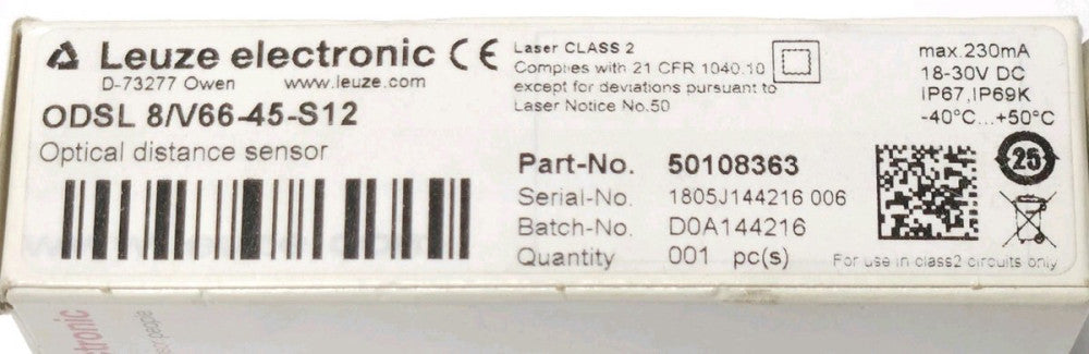 LEUZE ELECTRONIC ODSL 8/V66-45-S12 Optical Distance Proximity Sensor ODSL 8 V66