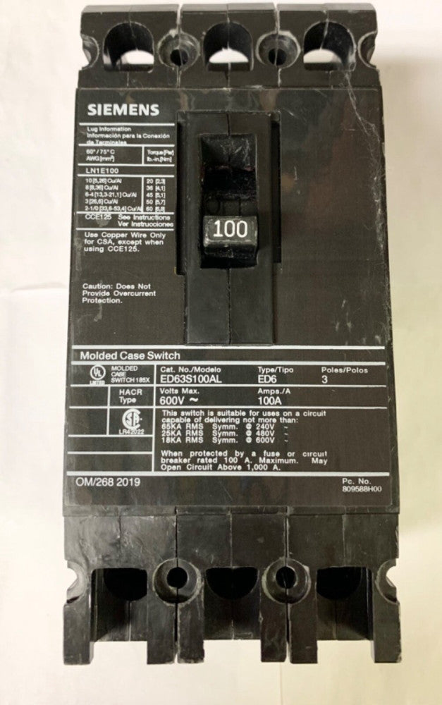 SIEMENS SENTRON ED63S100AL 3 Pole 100 AMP Type ED6 Molded Case Switch 600 VAC 