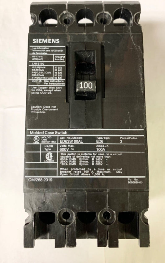 SIEMENS SENTRON ED63S100AL 3 Pole 100 AMP Type ED6 Molded Case Switch 600 VAC 