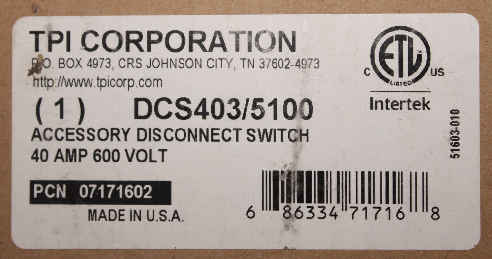 TRANE UHEC DCS403 TPI DCS403 5100 40 Amp 600V Disconnect Switch