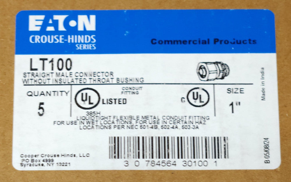 BOX OF 5 EATON CROUSE HINDS LT100 Size 1" Straight Male Connector Non Insulated