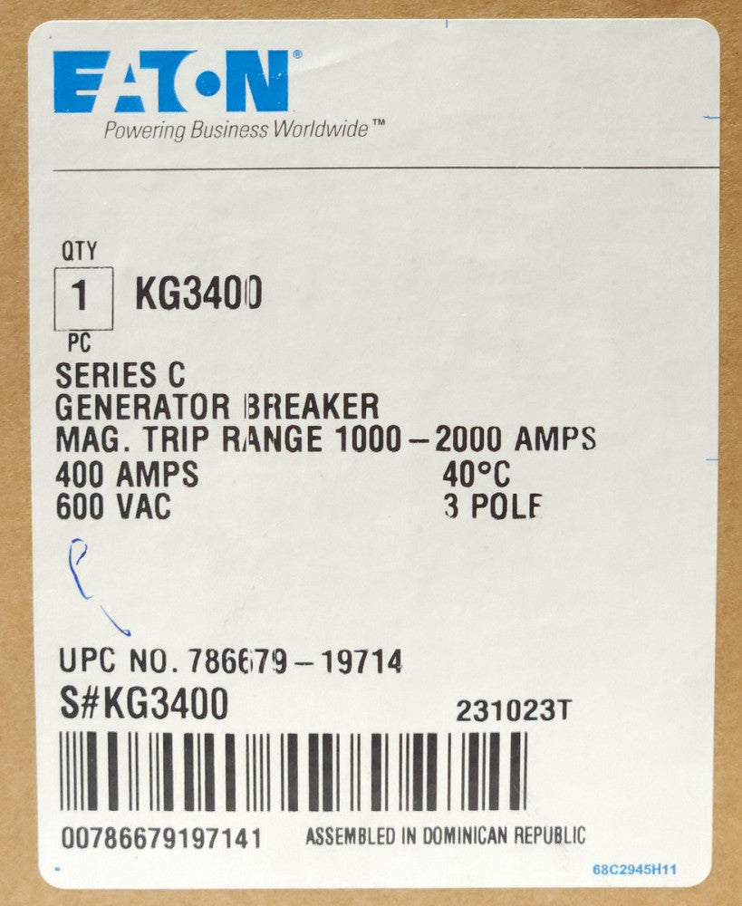 EATON CUTLER HAMMER KG3400 3 Pole 400 AMP Type KG Generator Circuit Breaker