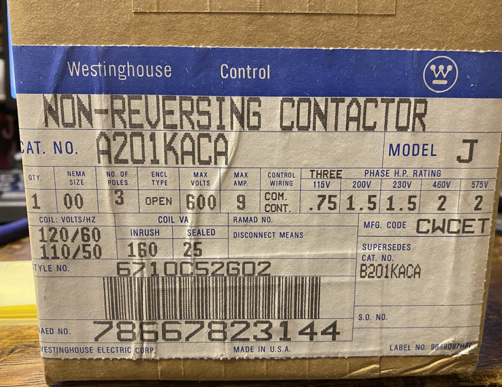 WESTINGHOUSE CUTLER HAMMER A201KACA 3 Pole 9 AMP 110 120 VAC Size 00 Contactor