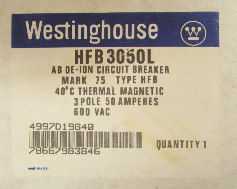 WESTINGHOUSE Type HFB Circuit Breaker 50 Amp 3 Pole Line Load Lugs HFB3050L 