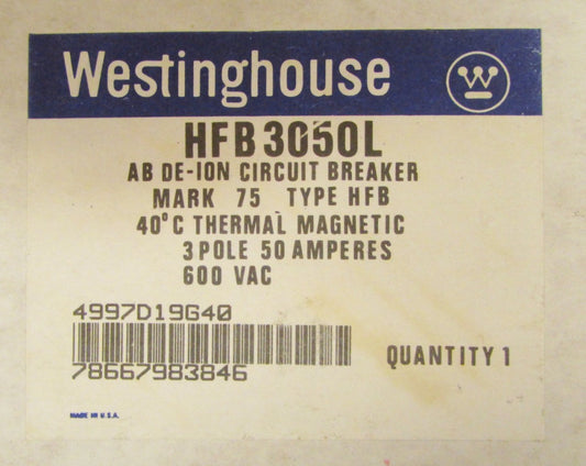 WESTINGHOUSE Type HFB Circuit Breaker 50 Amp 3 Pole Line Load Lugs HFB3050L 