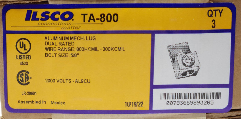 ILSCO TA-800 BOX OF 3 TA800 Aluminum Mechanical LUG 800 kcmil 300 kcmil 2000 V
