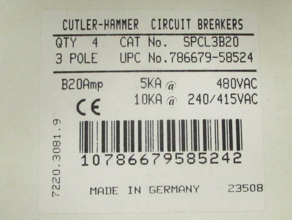 EATON CUTLER HAMMER SPCL3B20 3 Pole 20 Amp 480 V Circuit Breaker B20 Amp