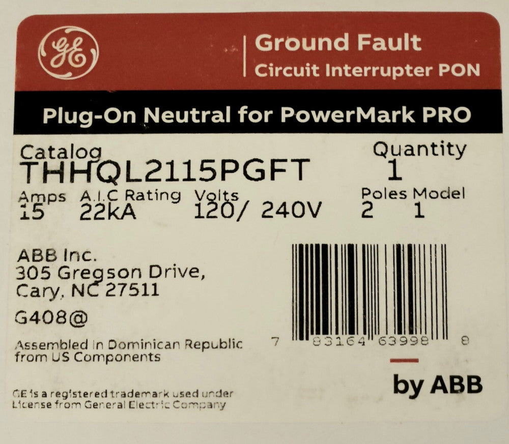 GENERAL ELECTRIC ABB THHQL2115PGFT 2 Pole 15 AMP Type THHQL PGFT Power Mark PRO