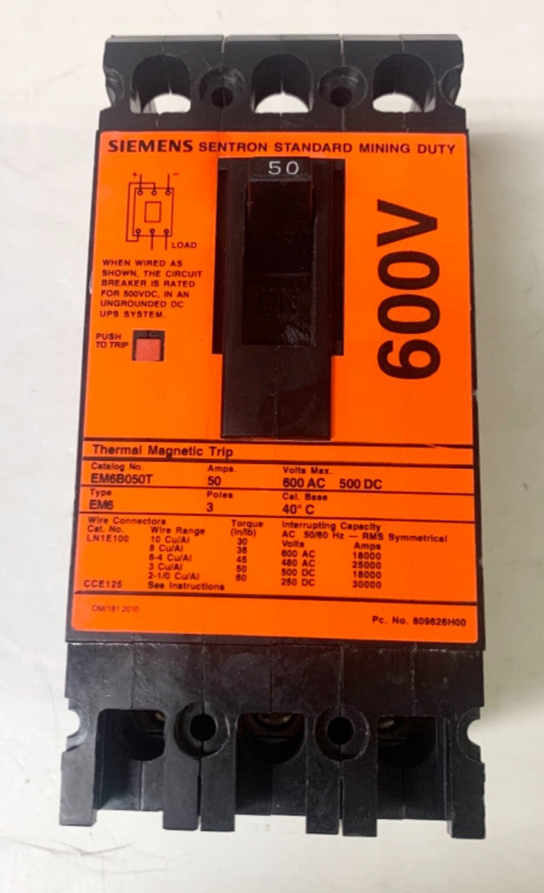 SIEMENS EM6B050T 3 Pole 50 AMP Type EM6 SENTRON MINING Circuit Breaker 