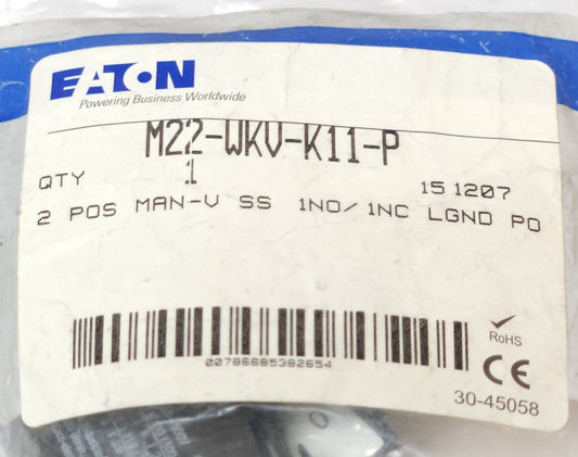 EATON M22 WKV K11 P 2 Position Maintained Selector Switch BLACK 22mm 1 NO 1 NC
