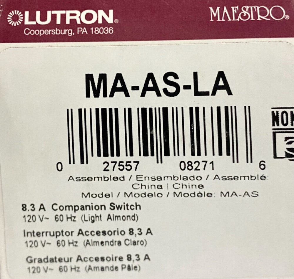 LUTRON MAESTRO MA AS LA 8.3 AMP Companion Switch 120 VAC
