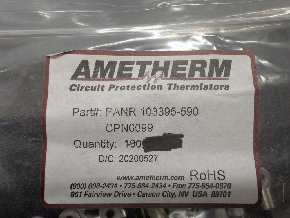 New, Ametherm, PANR 103395, Thermistors - NTC 10Kohm B-3950 RING LUG, Lot of 100