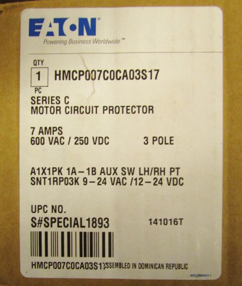EATON CUTLER HAMMER HMCP007C0CA03S17 Motor Circuit Protector Shunt 1A 1B Aux