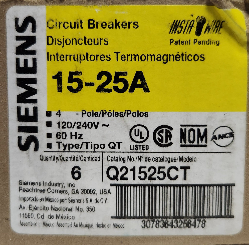 SIEMENS Q21525CT 4 Pole Tandem Quadplex 15-25 AMP Type QT Circuit Breaker