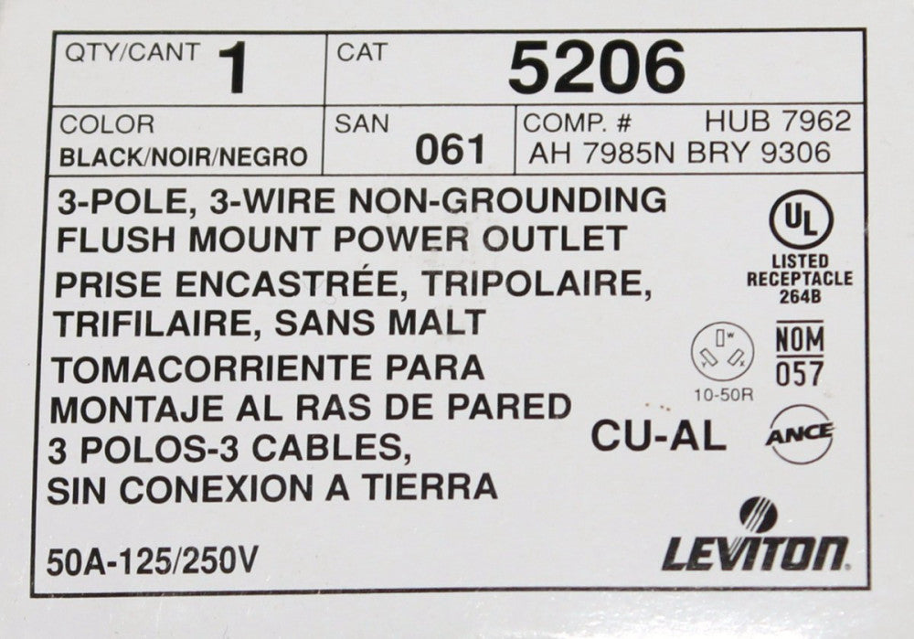 LEVITON 5206 Black 3 Pole 3 Wire 50 Amp 125-250V Power Outlet