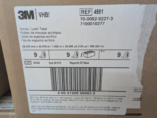 New, 3M, 4991, VHB Double-Sided Acrylic Foam Tape - 1in x 36 yd