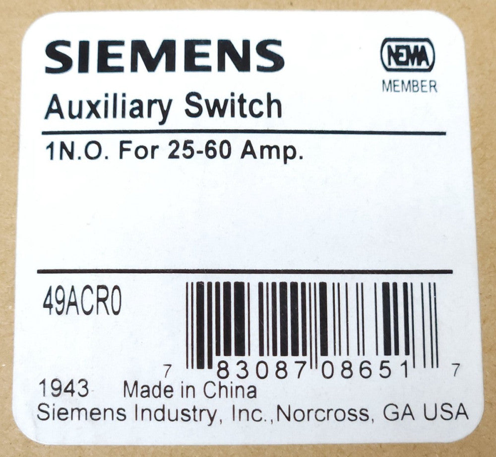 SIEMENS 49ACR0 Auxiliary 1 NO FOR 25-60 A600 10 AMP 600 VAC