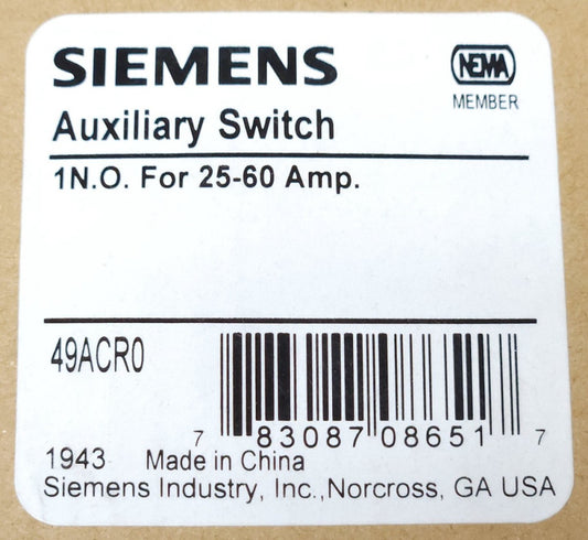 SIEMENS 49ACR0 Auxiliary 1 NO FOR 25-60 A600 10 AMP 600 VAC