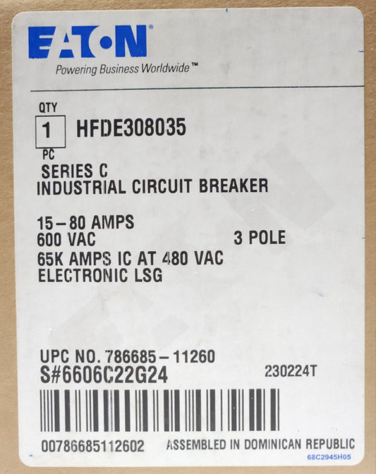 EATON HFDE308035 3 Pole 15-80 AMP HFDE Electronic LSG Circuit Breaker