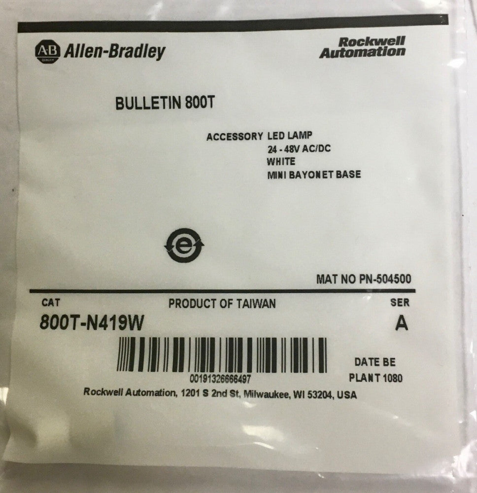 ALLEN BRADLEY 800T N419W 24-48 VACVDC White LED Bayonet Lamp Bulb