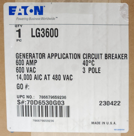 EATON CUTLER HAMMER LG3600 3 Pole 600 AMP Type LG Generator Breaker 500-2500