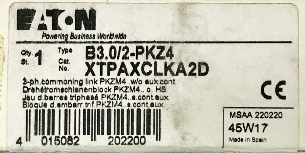EATON MOELLER B3.0/2 PKZ4 3 Phase Commoning Link Jumper Module XTPAXCLKA2D