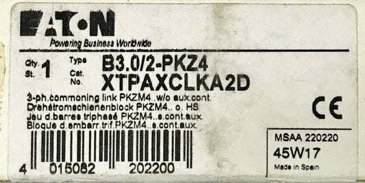 EATON MOELLER B3.0/2 PKZ4 3 Phase Commoning Link Jumper Module XTPAXCLKA2D