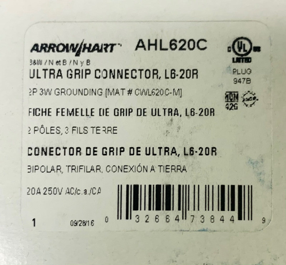 Eaton Arrow Hart AHL620C 20 AMP 250 VAC L6-20R Cord Connector Ultra Grip 
