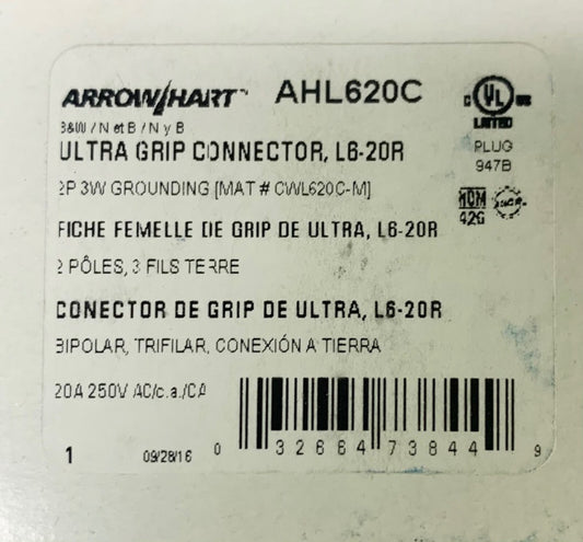Eaton Arrow Hart AHL620C 20 AMP 250 VAC L6-20R Cord Connector Ultra Grip 